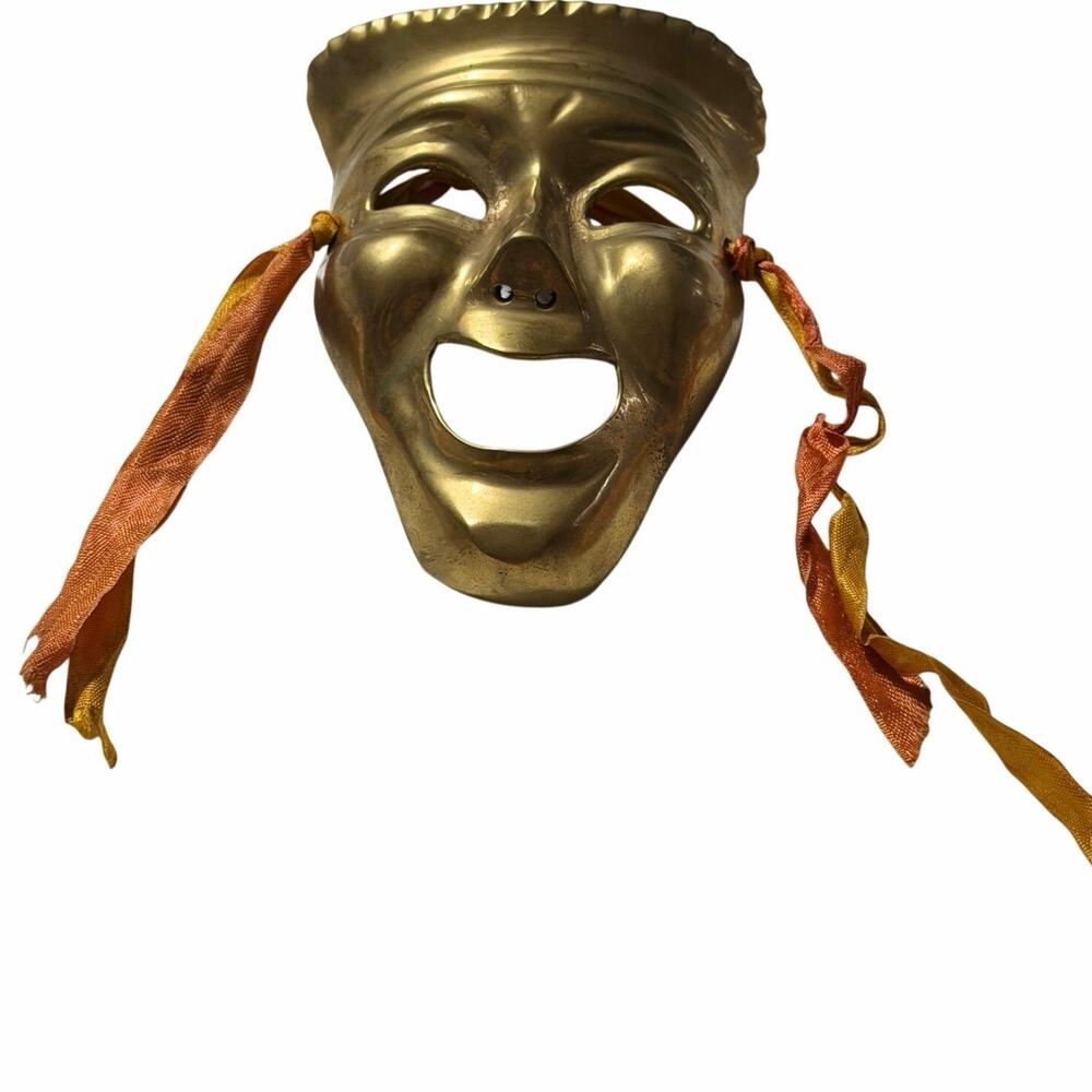 Vintage Brass Comedy Theater Mask Wall Decor India With Ribbon Ties 70s
